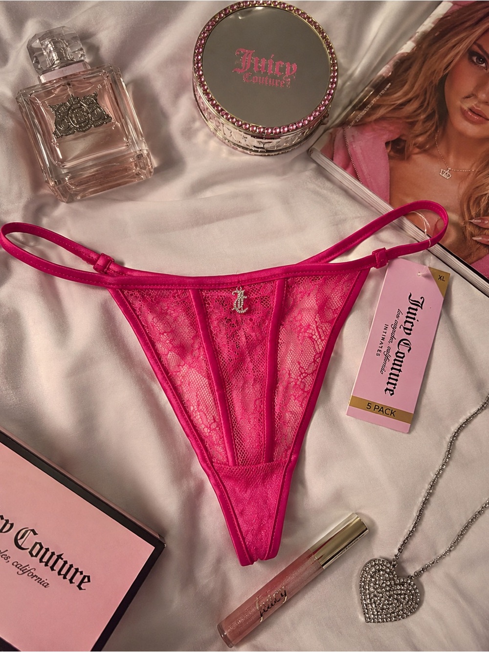 NWT Juicy Couture Hot Pink Lace V-String XL